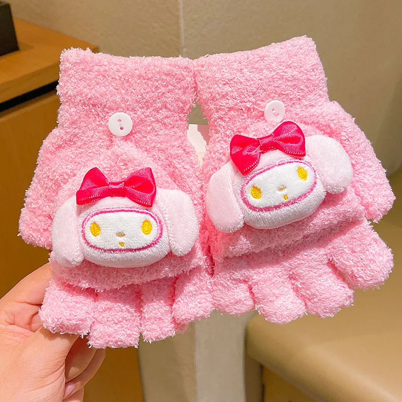 Sarung tangan bayi perempuan Sanrio Hello Kitty, sarung tangan lipat hangat tebal, sarung tangan jari terpisah, sarung tangan kartun Kuromi mewah