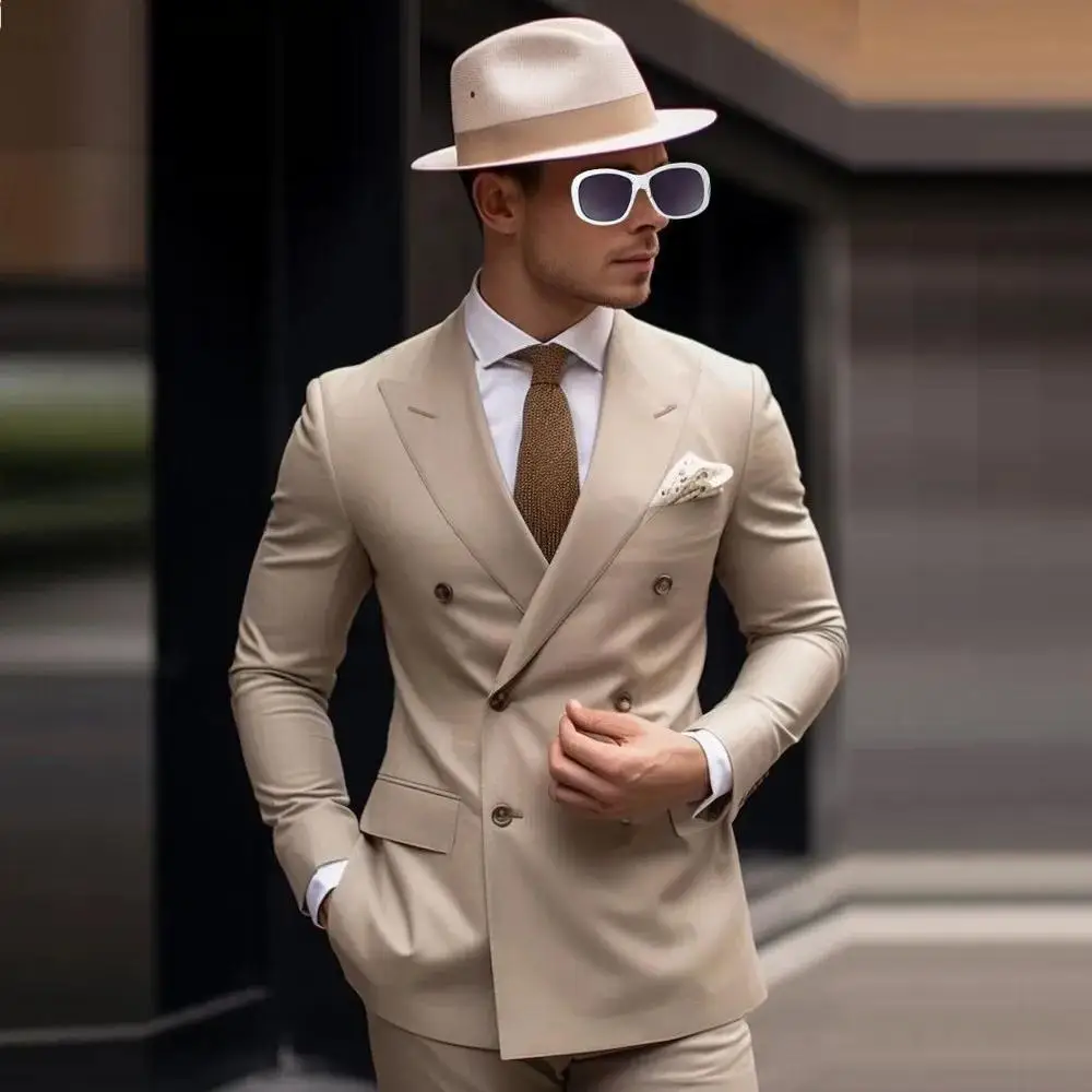 

Повседневный бежевый мужской костюм, двубортный деловой костюм для свадебной вечеринки, жениха, жениха, жениха, делового мужского костюма для выпускного вечера, комплект из 2 предметов, куртка, брюки