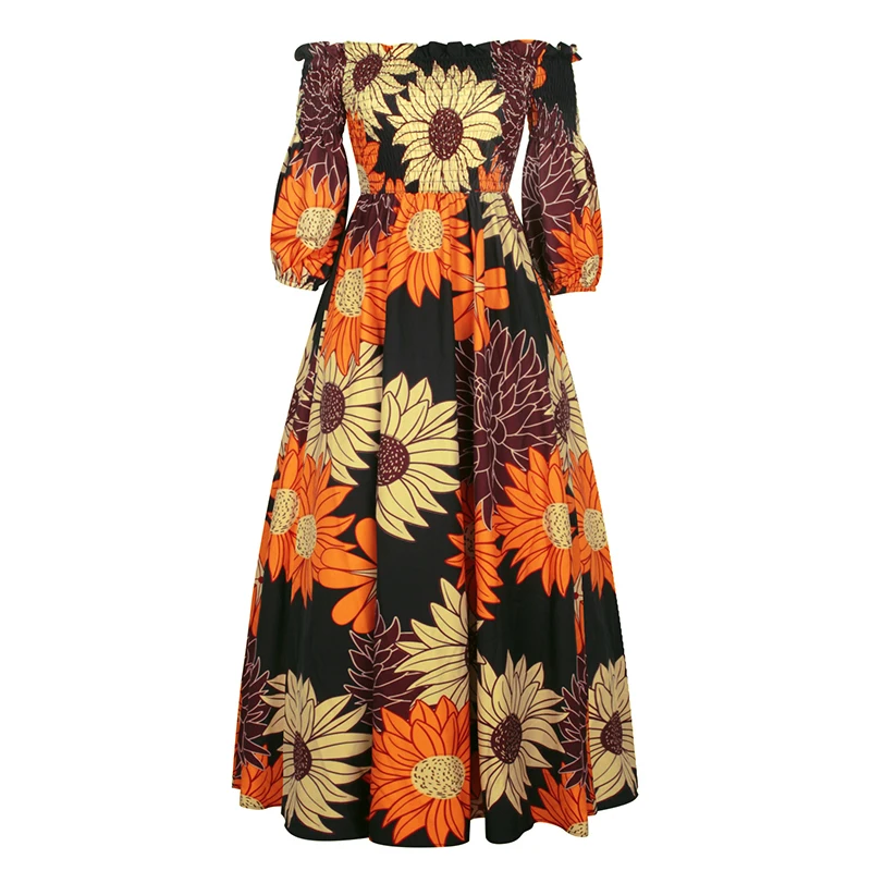 Sring Herfst Vrouwen Sexy Slash-Hals Lange Jurk Femme Bloemenprint Enkellange Rok Met Halve Mouwen Vintage Casual Losse Damesjurk