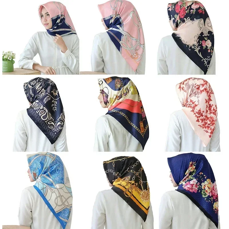 Leopard Chain Printed Hijab Scarf for Women 90x90 Square Muslim Women Hijab Scarf Headband Imitation Silk Satin Headband Scarves