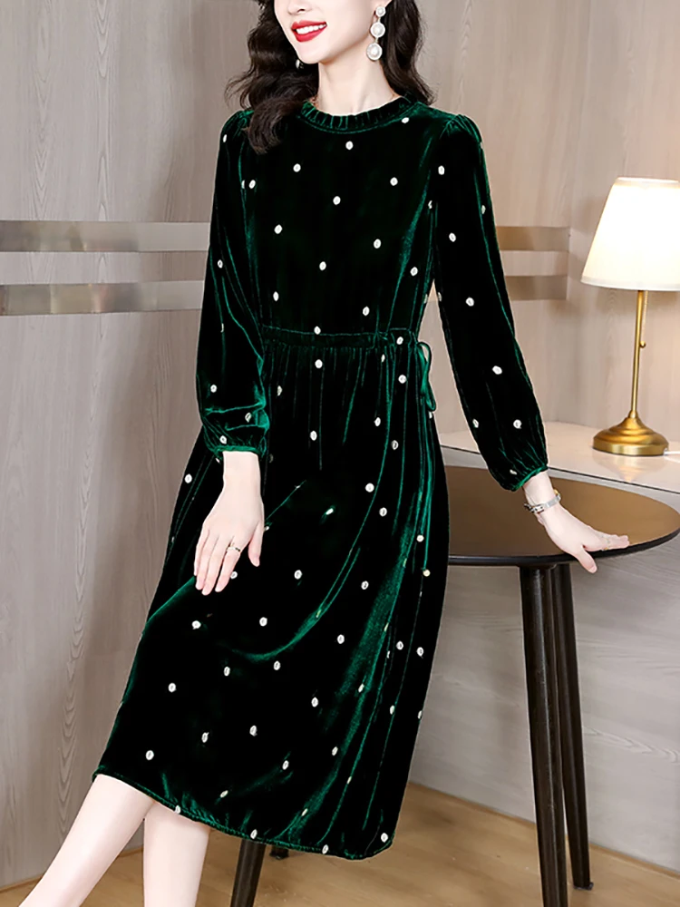 Women Green Polka Dot Velvet Midi Dress Autumn Winter Thick Warm Elegant Casual Dress 2024 Korean Vintage Bodycon Plarty Dresses