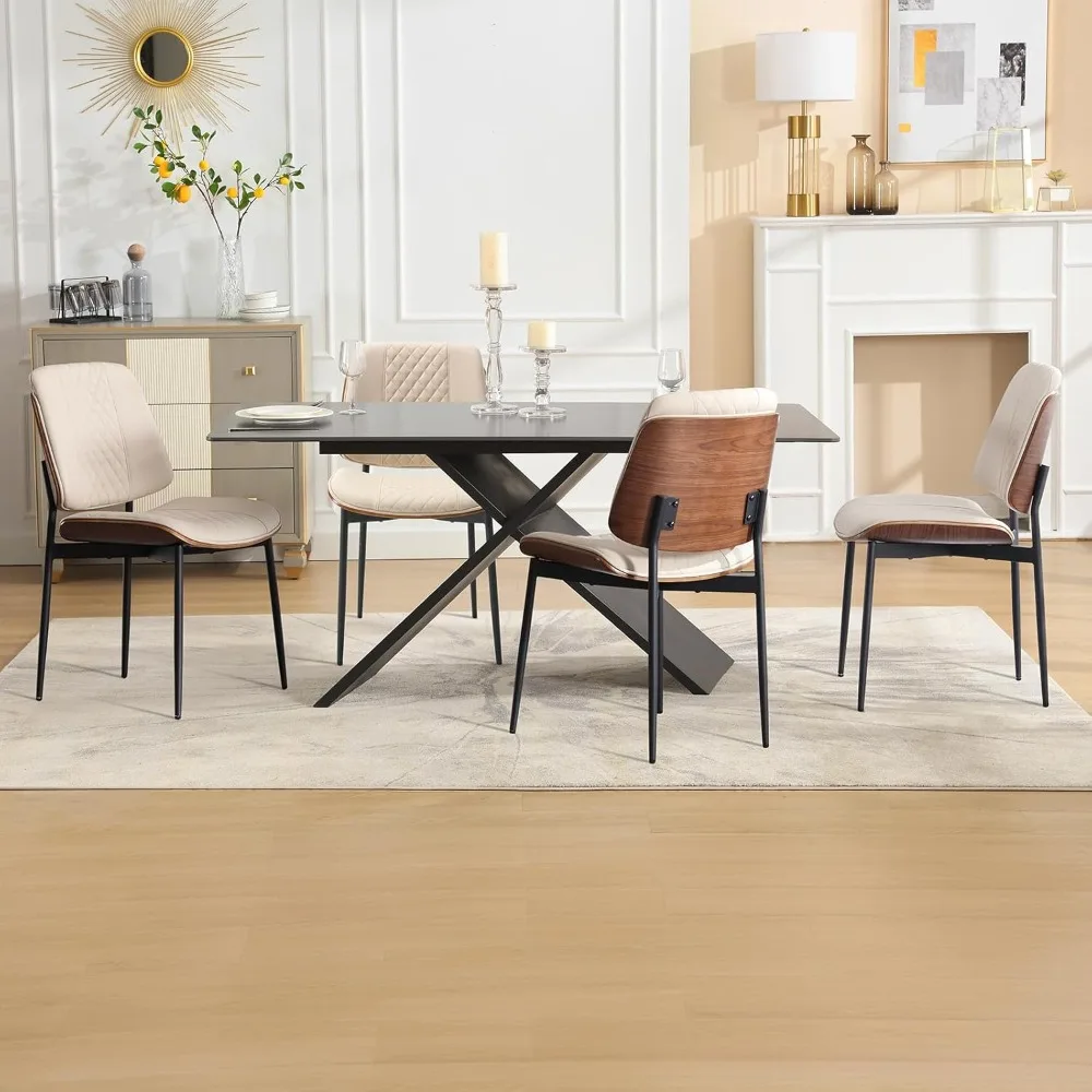 Dining Chairs Set of 4, Mid Century Walnut Armless Kitchen Chairs with Metal Legs, PU Leather Bentwood Side Chairs for Dining