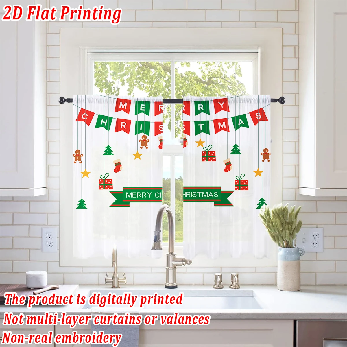 ستارة شفافة للمطبخ مطبوعة مسطحة لعيد الميلاد مع كرة عيد الميلاد كوز الصنوبر ندفة الثلج لحفلة ديكور المنزل في عيد الميلاد