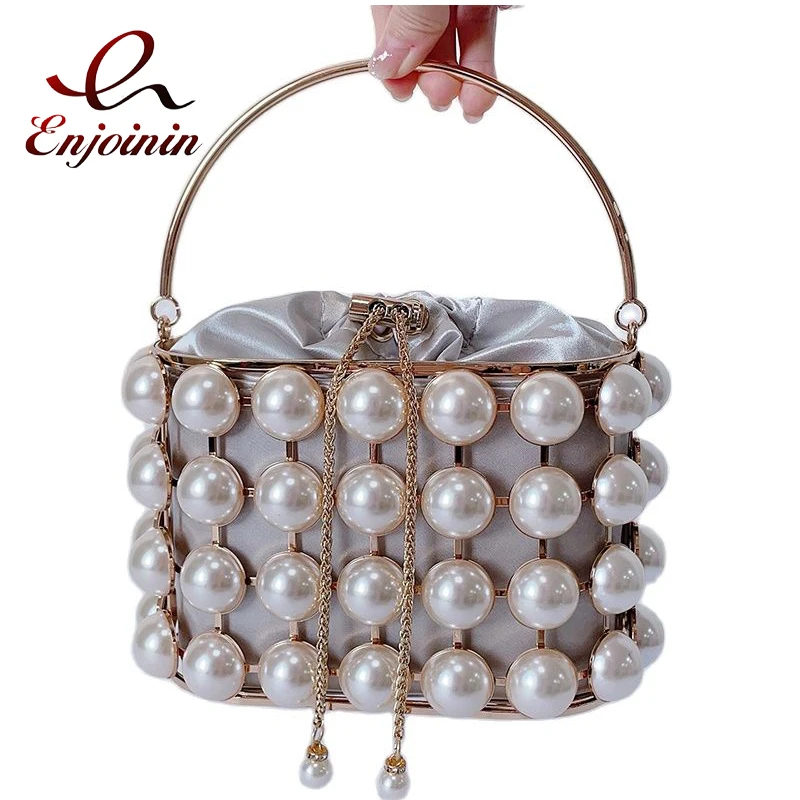 

Luxury Big Pearls Party Evening Clutch Bag for Women Designer Purses and Handbags Beaded Wedding Ladies Metallic Basket Bag