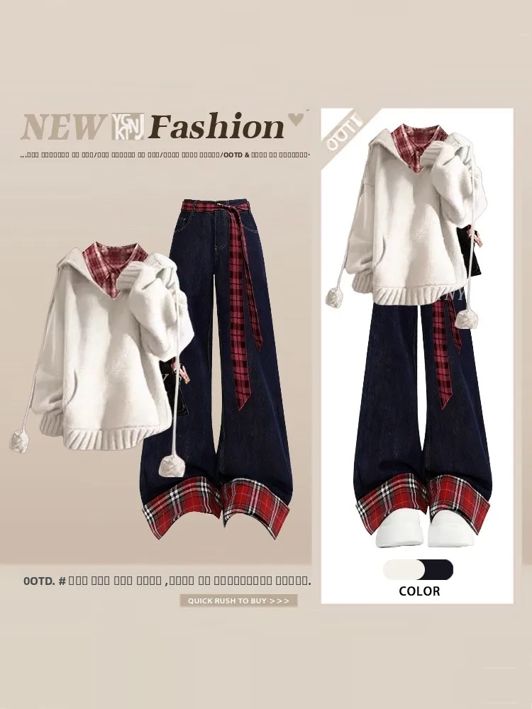 

Korean Sle Knitted Sweater irt Plaid Patchwork Wide Leg Pants Set Women Winter plus Size Slimming Cool Street Sle Outfit