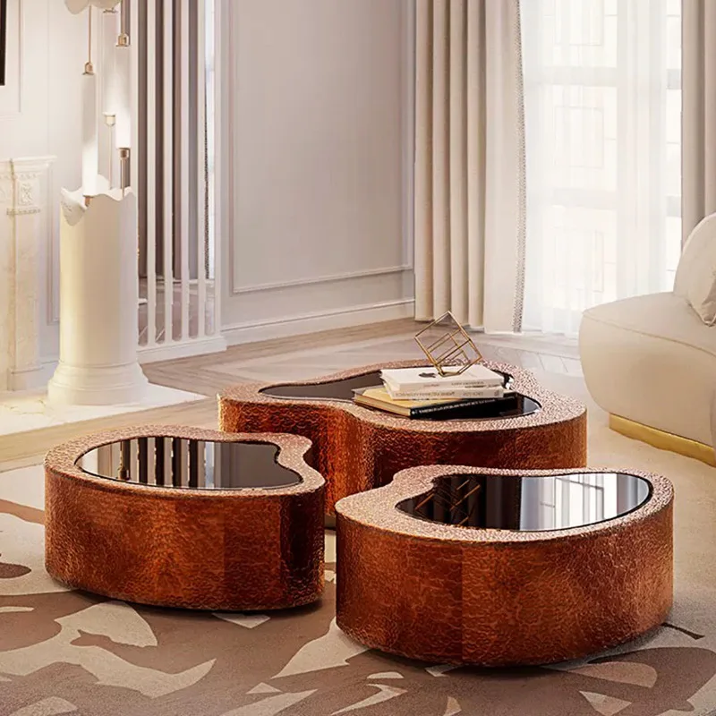 Stainless steel coffee table living room household tempered glass concave-convex special-shaped design advanced tea table