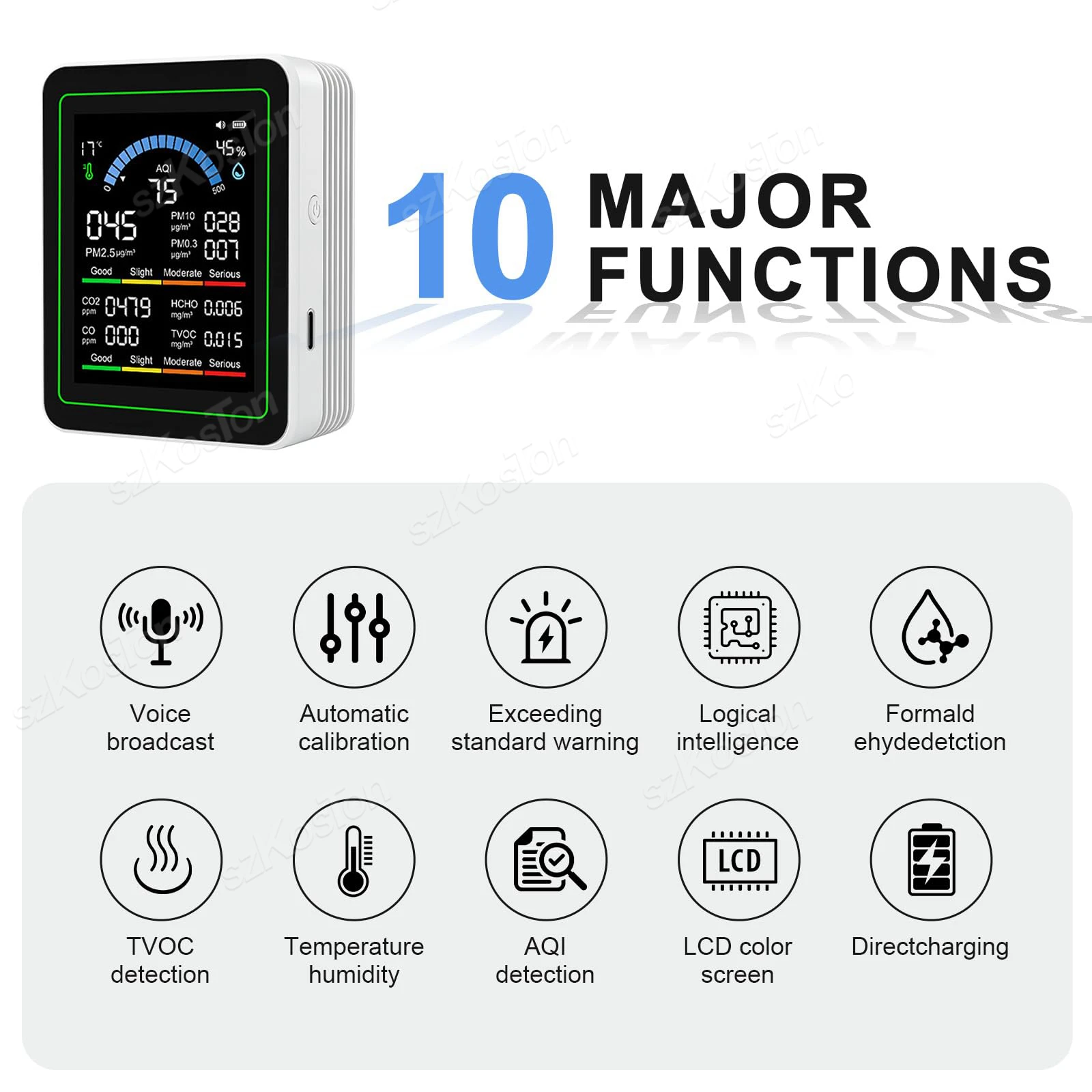 10 in 1 Air Quality Monitor PM2.5,CO₂,HCHO,TVOC,CO,Temperature and Humidity Multi-functional Air CO2 Sensor with Display Screen