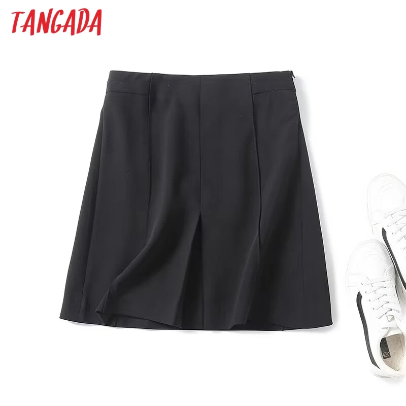 Tangada Spring Women Black Skirt Zipper High Waist Pleated Mini Skirt 4C306