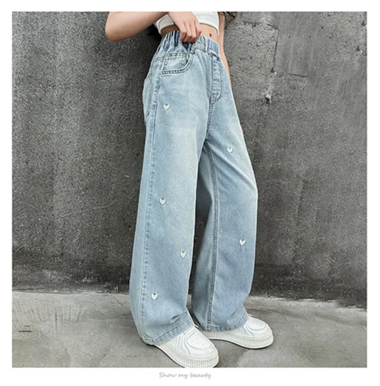 Neue Sommer-Jeans für Mädchen, leicht und atmungsaktiv, mit kleiner Herz-Stickerei, mückensichere Hose für Teenager-Mädchen im Alter von 4 bis 14 Jahren – Detail 13