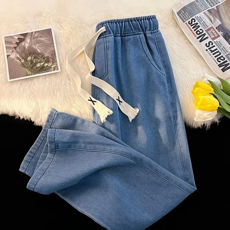 

Прямые джинсы с эластичной резинкой на талии, мужские свободные повседневные однотонные универсальные широкие длинные брюки, весна-осень, молодежные брюки