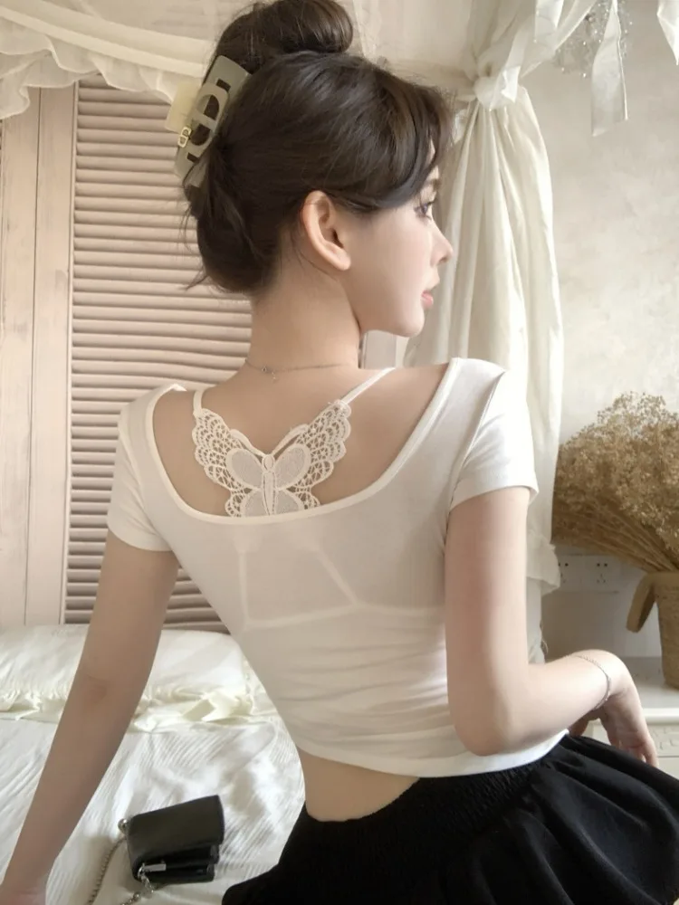 

Pure Color Neck Hanging T-Shirt Women Summer Slim Fit Irregular Short Sleeve Spicy U-neck Top Korean Style Commute