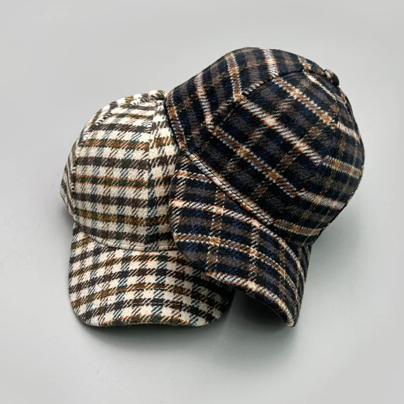 Woolen Cloth Stripe Versatile Check British Style Baseball Caps Autumn and Winter New Fashion Men Women Warm Retro Literary