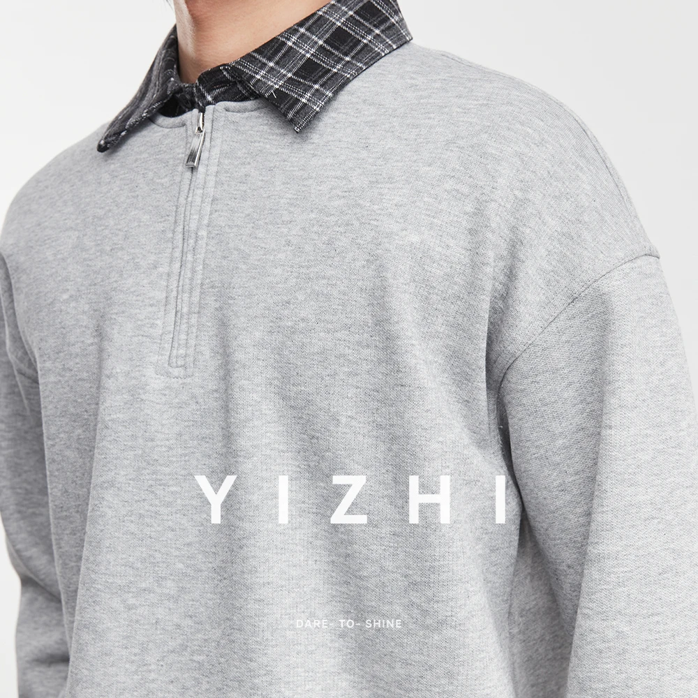 Fashion Men's Faux Two-Piece Plaid Collar Sweatshirt 2025 Autumn Winter New Half-Zipper Layered Turn-Down Collar Pullover