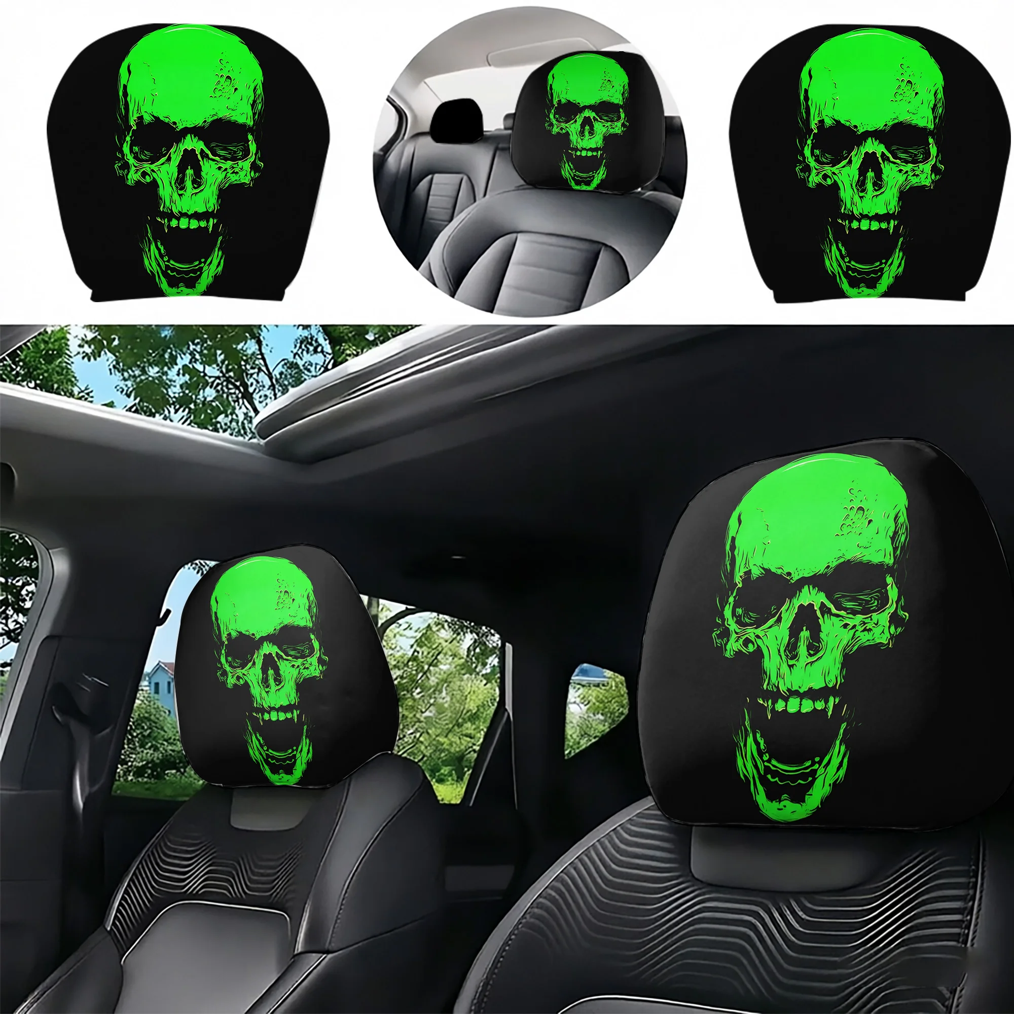 2pcs Green Neon Skull-Printed Car Headrest Covers—add an avant-garde style to your car’s interior. Does not include filling. Eas