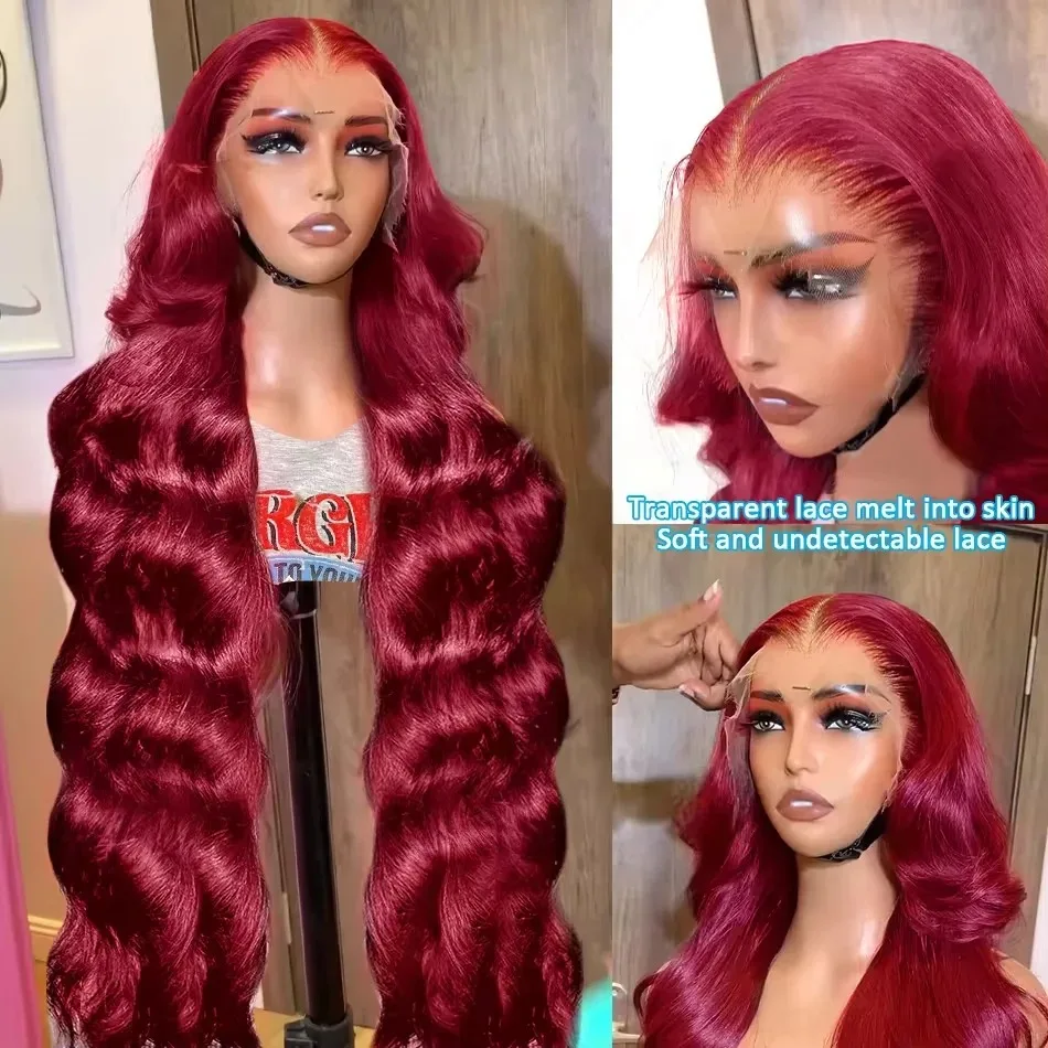 30 40 Inch 99j burgundy 13x6 Transparent Lace Frontal Wig 13x4 Lace Front Human Hair Body wave Brazilian For Black Women