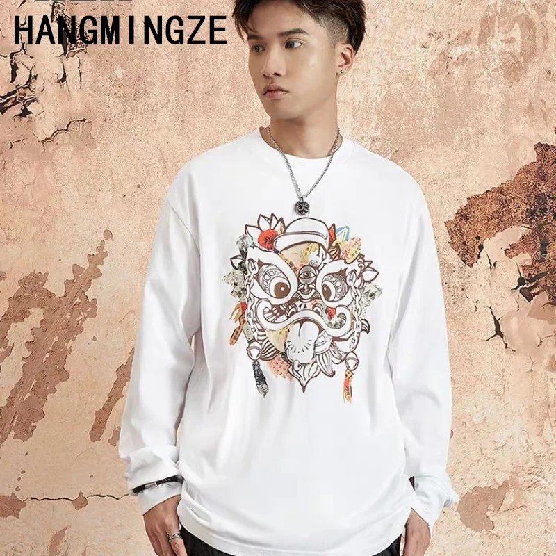 Funny Lion Print Men's T Shirt Casual Cotton Long Sleeve T-shirts Fashion Loose O-neck Pullover Tops Autumn Tee Men's Clothes