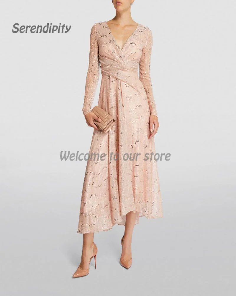 

Serendipity A-Line Ankle-Length Elegant V-Neck Long Sleeve Slim Sequin-Embellished Midi Dress Prom Gown For Sexy Women 2024
