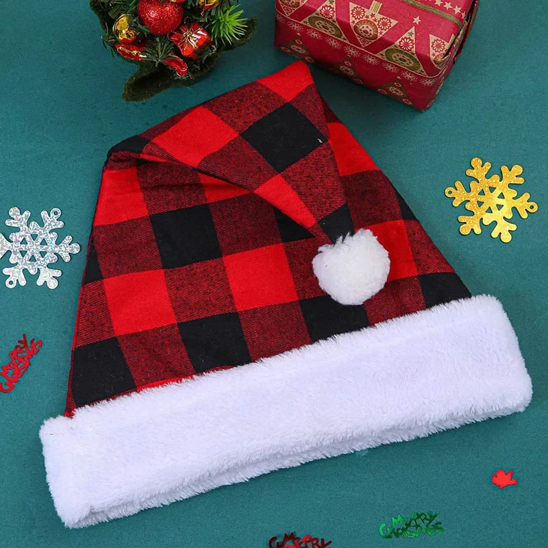 2022 Christmas Decorations: Red Black Check Plush Hat for Children and Adults - Perfect Gift for Christmas Party