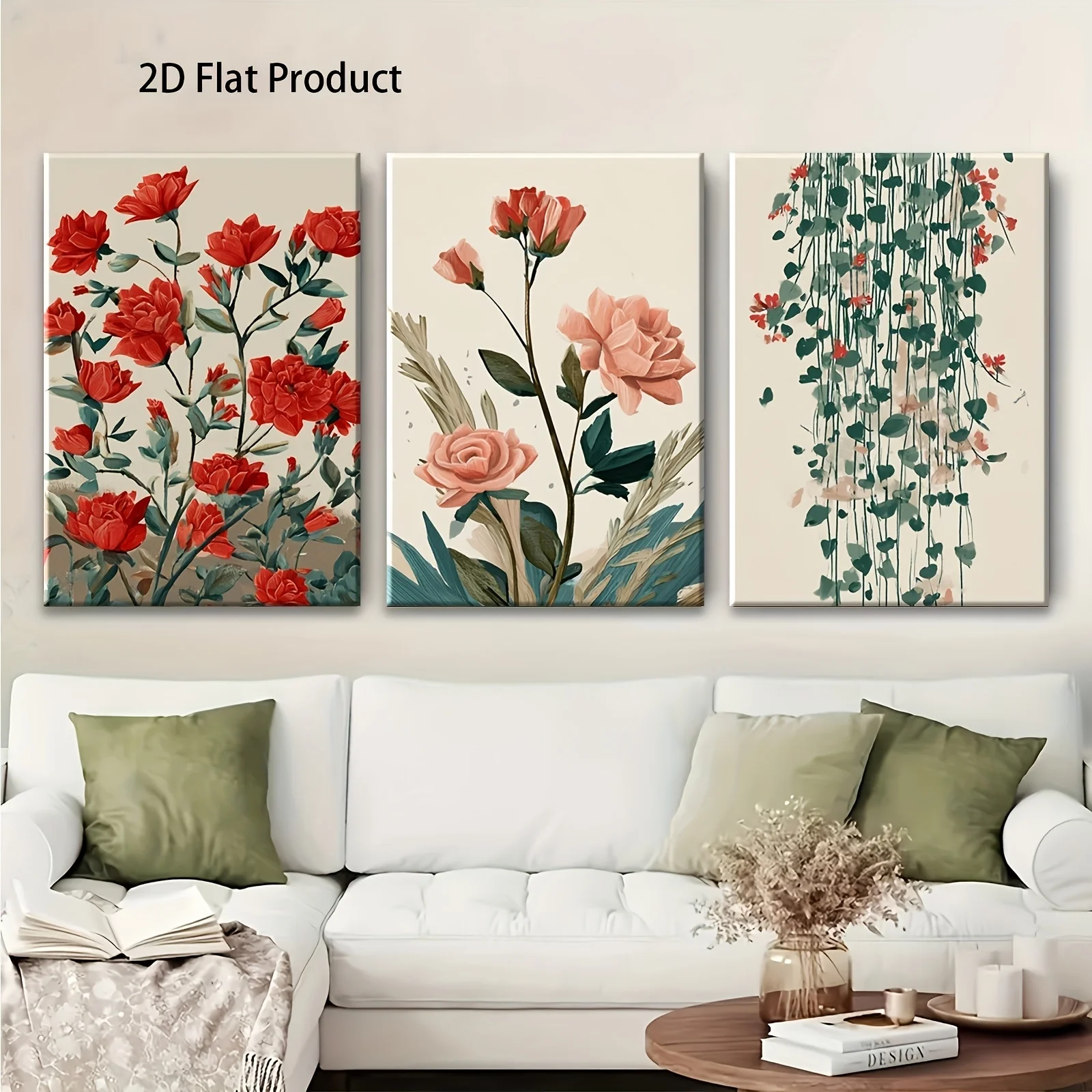 (No frame)2D Flat, 2D Flat 3pcs High-Quality Art Set, Minimalist Style, Abstract Art Core, Red Flower Green Leaf Collage, Dig