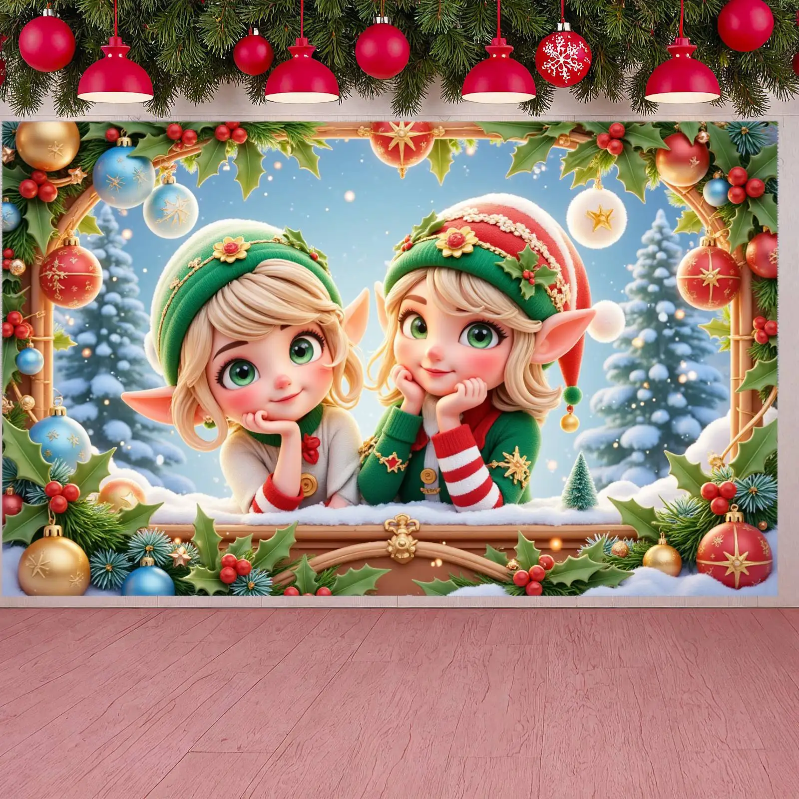 Banner natalizio Decorazioni di agrifoglio Banner da elfo Banner natalizio festivo per la festa di Natale Servizio fotografico natalizio Celebrazione natalizia