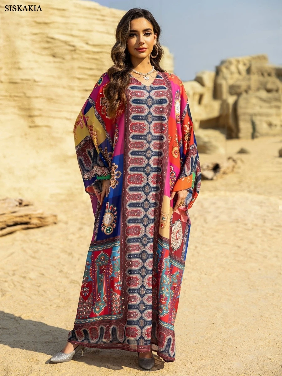 

Siskakia Dubai Floral Print Abaya With Rhinestones Contrast Color Kaftan Luxury Woman Evening Dress 2025