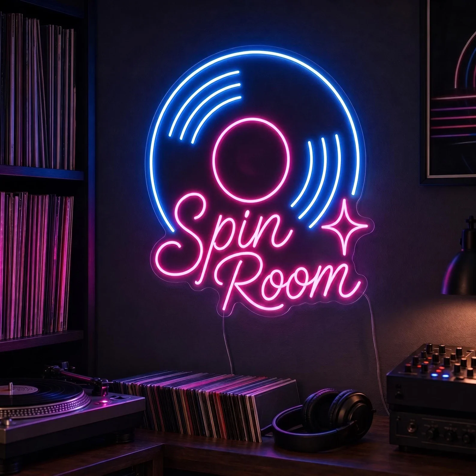 Spin Room Vinyl Record Neon Sign,Custom LED Music Room Decor,DJ Studio Wall Art,Retro Record Player And Music Lover Gift