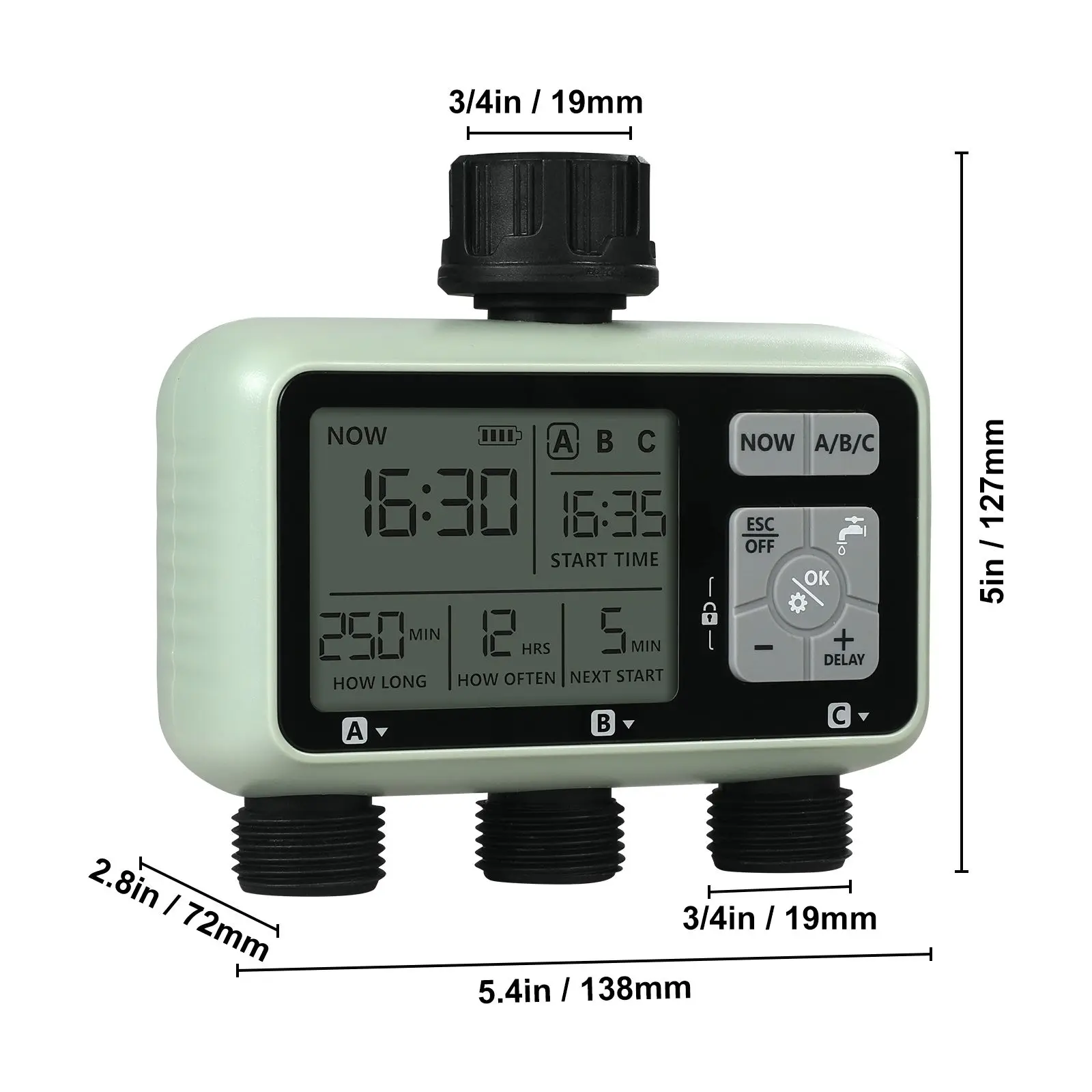 Water Timer, 3 Outlets, Hose Watering Sprinkler Timer, with 3 Independent Watering Zone LCD Display Rain Delay Mode Manual Mode