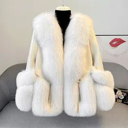 2023 New Fox Fur Fur Coat Women's Mid-Length Sheepskin Fur and Leather Overcoat White Goose Down