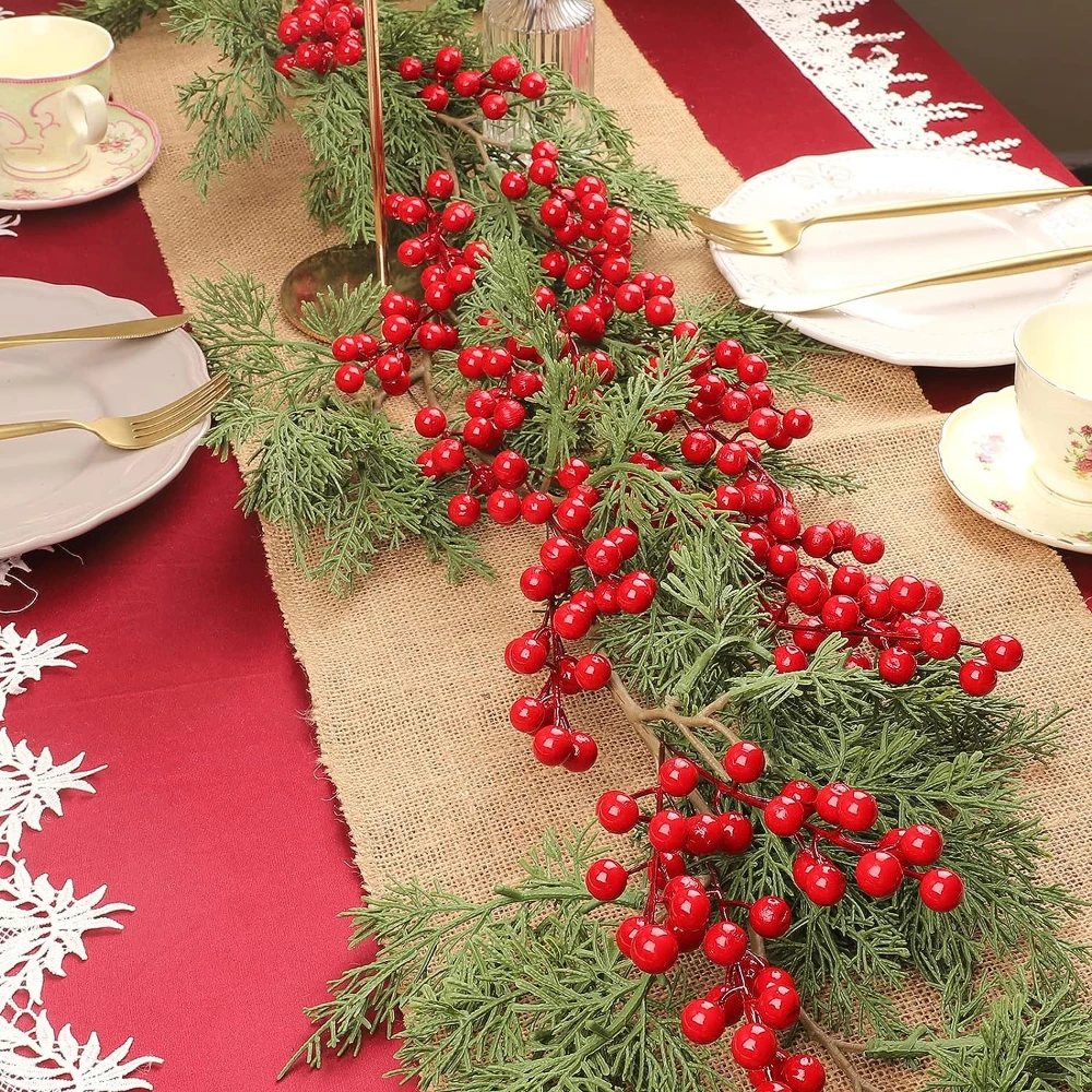 Ramo de flores artificiales para decoración del hogar, 1/30 ramas con 14 cabezas, bayas de acebo rojo, estambre plantas, fiesta de navidad