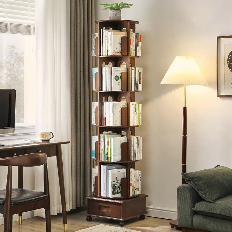 Solid wood rotating bookshelf Floor-to-ceiling bookshelf Bookcase shelf Living room storage rack with wheels movable