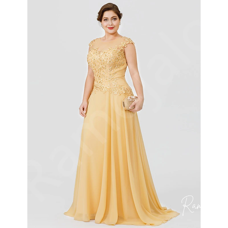 Vestidos longos de renda tamanho grande para a mãe da noiva, noivo, chiffon dourado, boné de apliques, mangas curtas, 2023