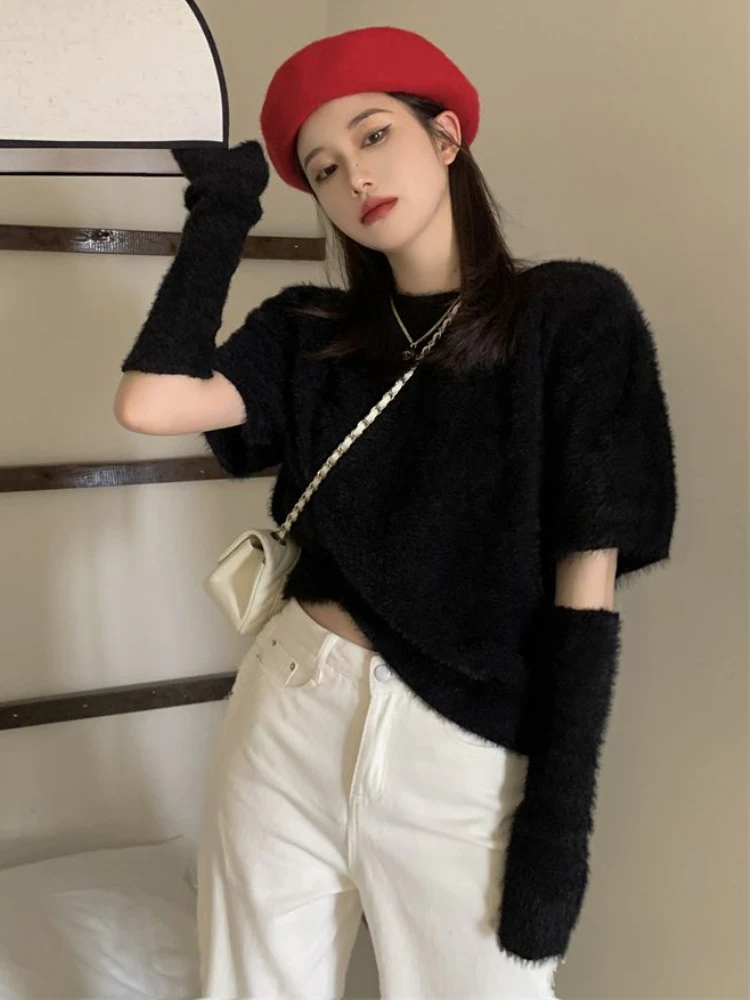 Pulôveres femininos de manga curta com punho elegante primavera verão sólido feminino vintage elegante casual pull femme ulzzang