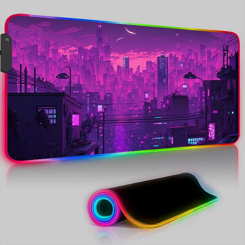 

Anime Urban Landscape Backlight Pad Large LED Computer Gaming Accessories Keyboard Mousepad Laptop RGB Non Slip Desk Mat Carpet