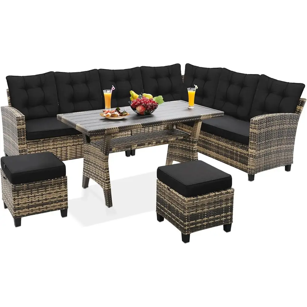 

All-Weather 6-Piece Patio Furniture Set: Sectional Sofa, Dining Table, Chairs, Ottoman with Natural Wicker and Black Cushions