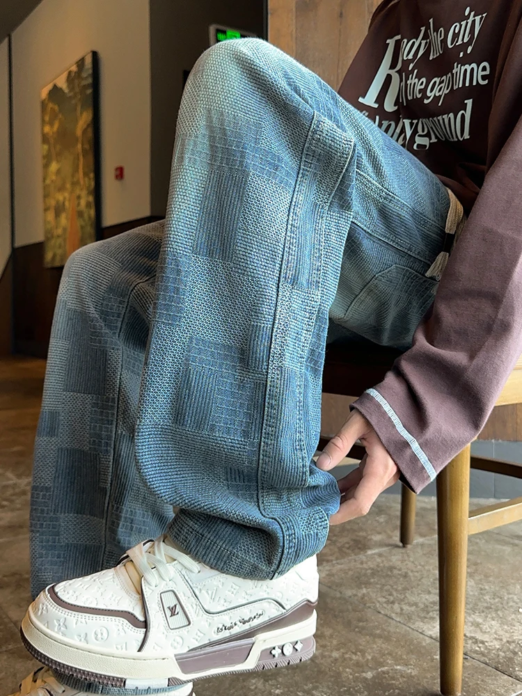 

Свободные прямые мужские джинсы, весенне-осенние новые джинсы в стиле ретро, американский звездный узор, Гонконг, повседневная хлопковая джинсовая ткань