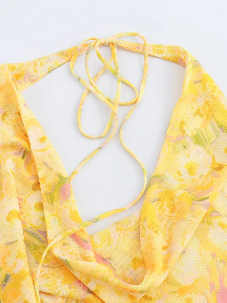 KAOPU ZA Women open back printed tulle fitted bodysuit vintage halter-neck snap-button female playsuits mujer