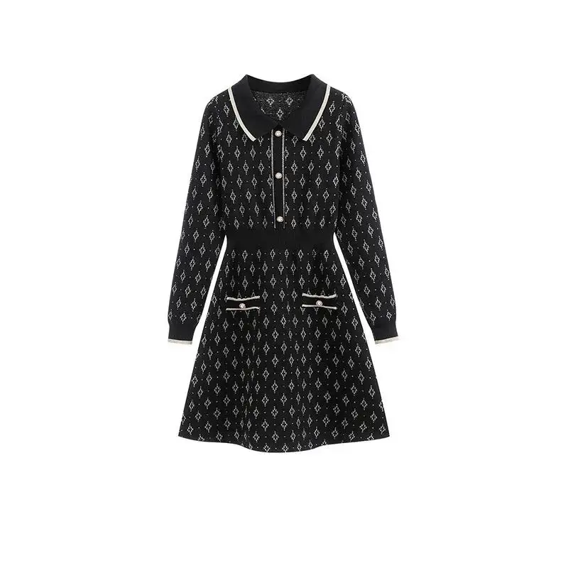 Autumn Winter Runway Print Knitted Sweater Mini Dress For Women Long Sleeve O Neck Diamonds Buttons Pocket Pullover Vestidos