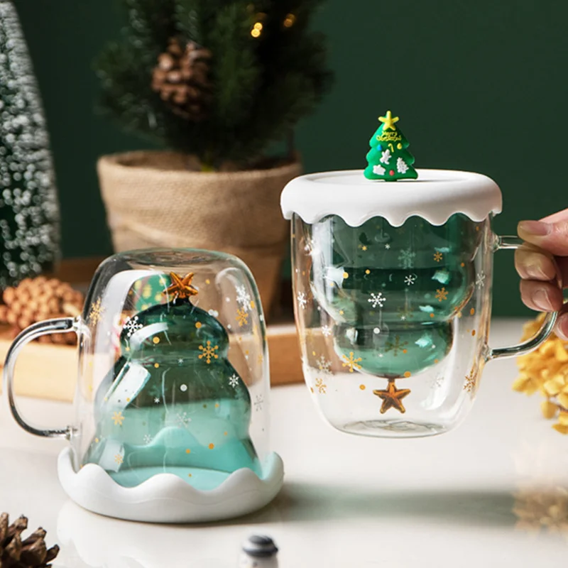 Christmas Glass Cups with Silicone Lid, Transparent Double Layer Creative Coffee Mug, Christmas Gift, Snowflake Drinking Mugs