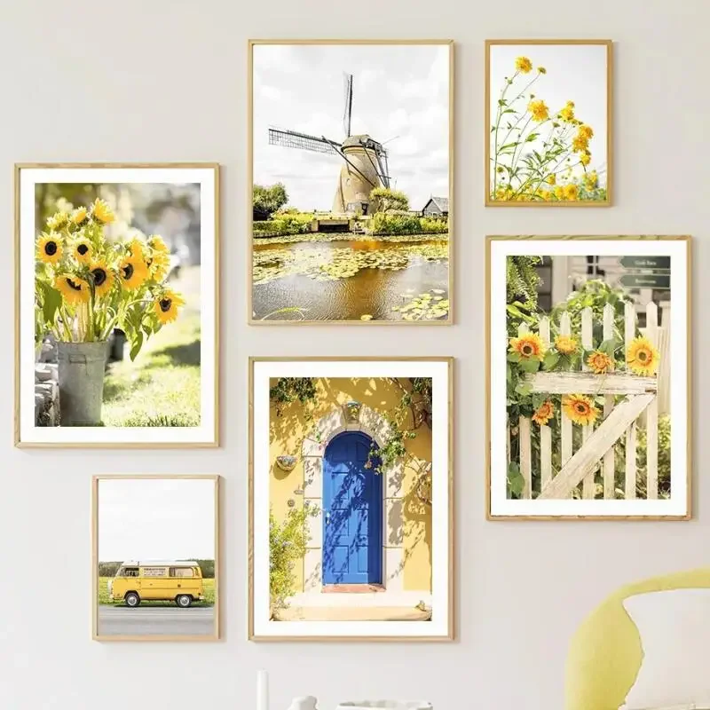 Spring Sunflower Windmill Farmhouse Rural Plant Flower Wall Art Canvas Painting, Yellow Poster Picture Perfect for Living Room