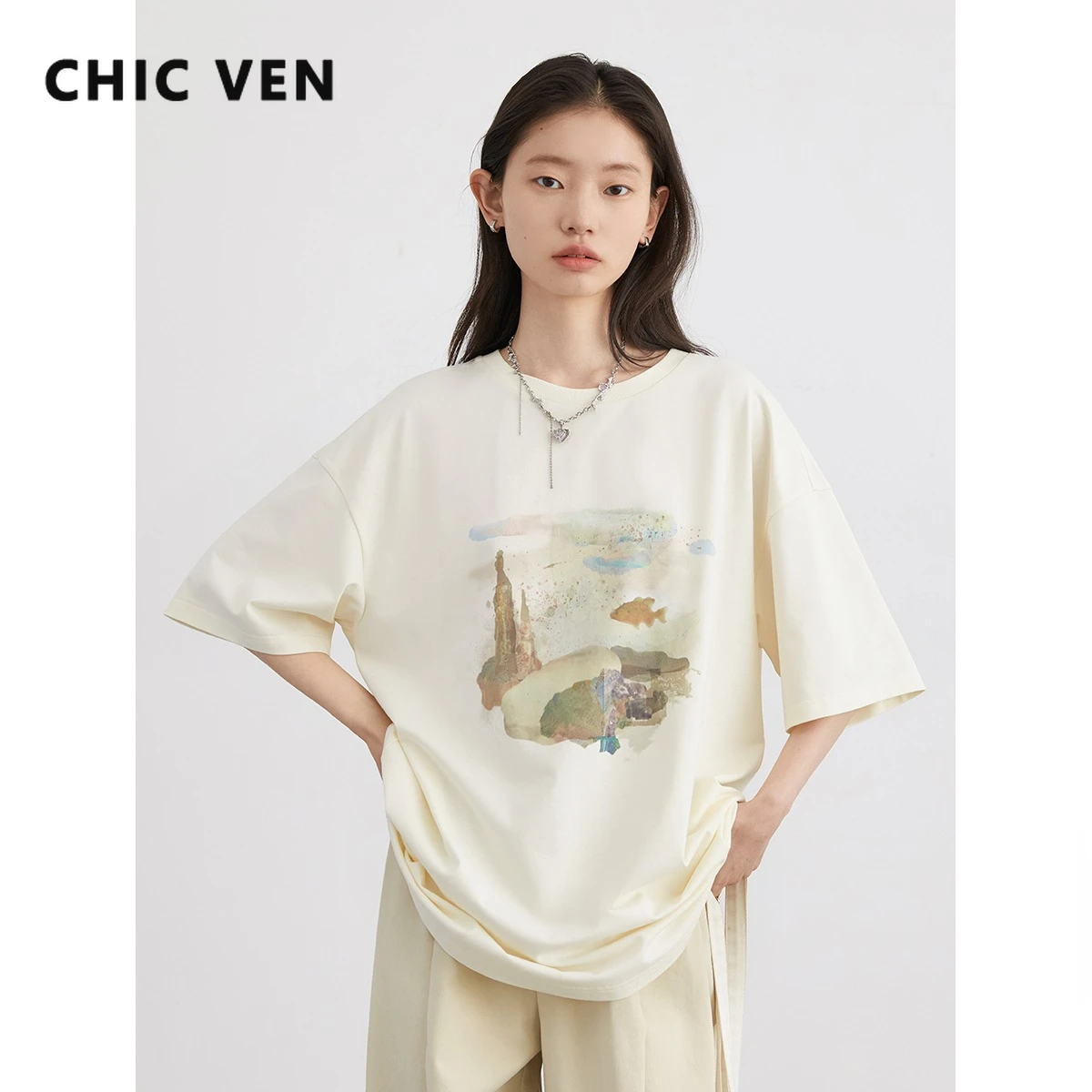 CHIC VEN Fashion Women T-shirt New Loose Casual O Neck Short Sleeve Female Top for Girl Summer 2024