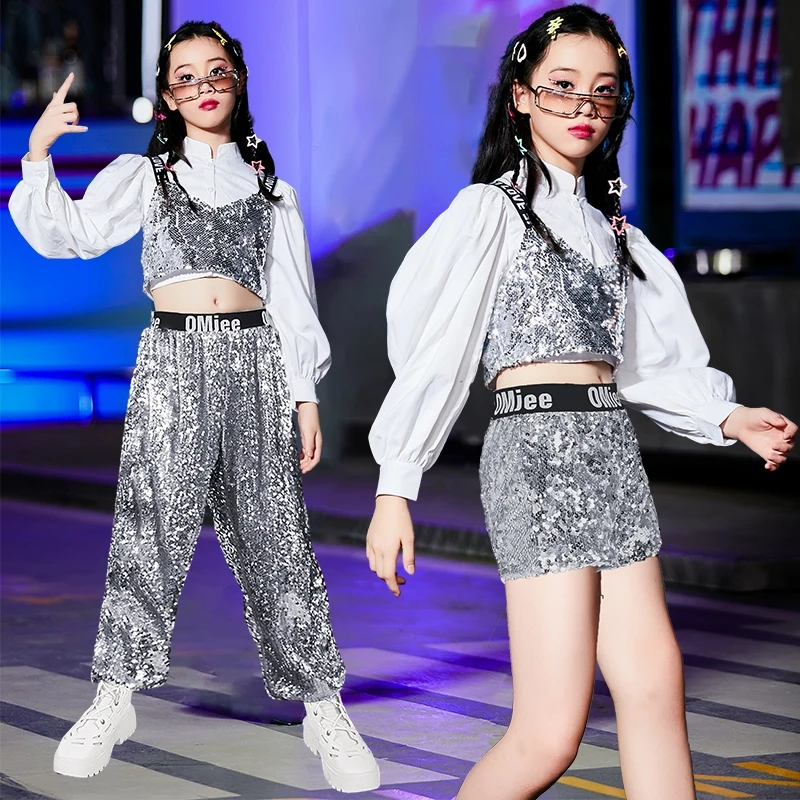 Trajes modernos de dança jazz para meninas, roupas de lantejoulas prateadas para crianças, performance hip hop, roupas infantis, DN16864