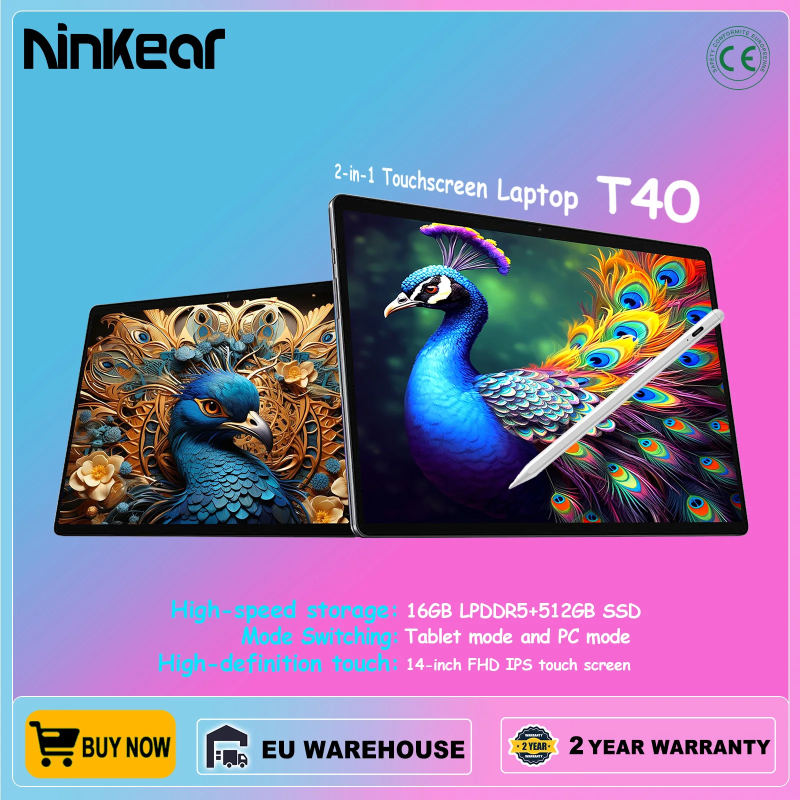 Ninkear T40 Laptop TouchScreen 2 in 1 Tablet Intel N100 14 Inch FHD 16GB DDR5+512GB SSD Wifi 6 RGB Backlit Keyboard With Stylus