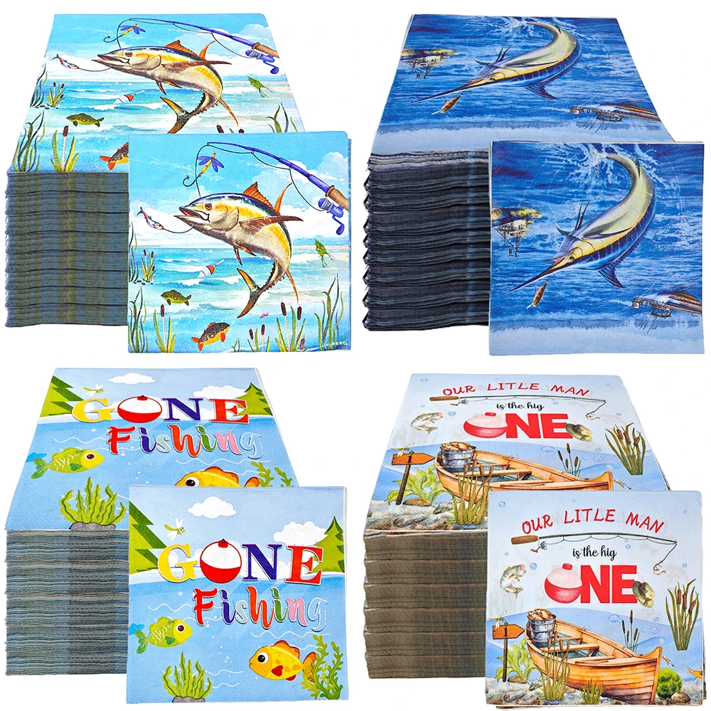 20/40/60pcs Gone Fishing Cocktail Napkin Little Fisherman Themed Disposable Party Napkins Fish Birthday Party Decorations ﻿