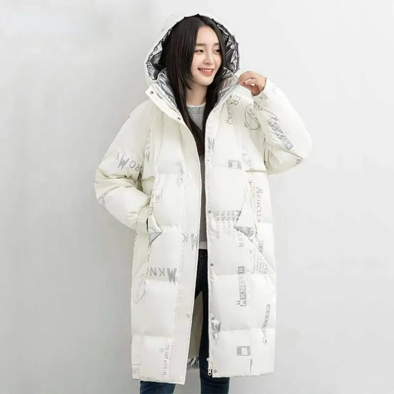 2023 New Women Down Cotton Coat Winter Jacket Female Mid Length Version Parkas Loose Thick Outwear Printing Hooded Overcoat