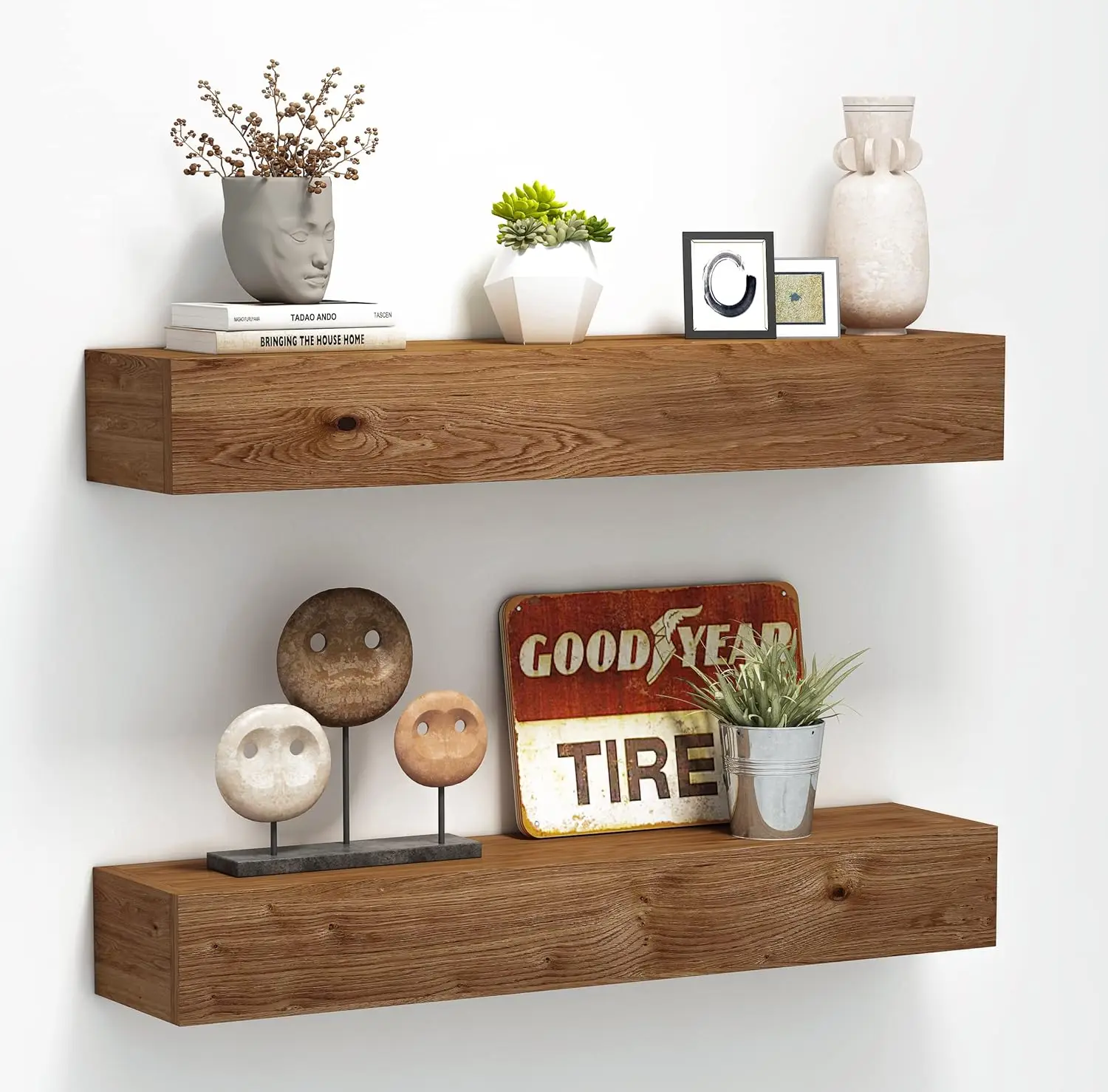 

Handmade Rustic Wood Floating Shelves, Light Walnut Finish, 24 Inch Set of 2 with Invisible Brackets