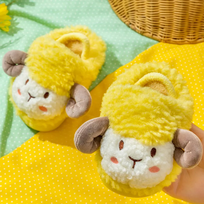 Indoor Children Cotton Shoes Winter Warm Furry Sheep Pattern Non-slip Baby Girl Boys Slippers Elastic Band Kids Shoes Teenages