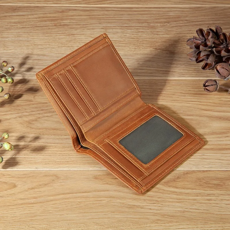 Men's Crazy Horse Leather Small Wallet, Vintage Full Grain Cowhide Bifold Purse, Retro Short Wallet for Men EDC Daily Use