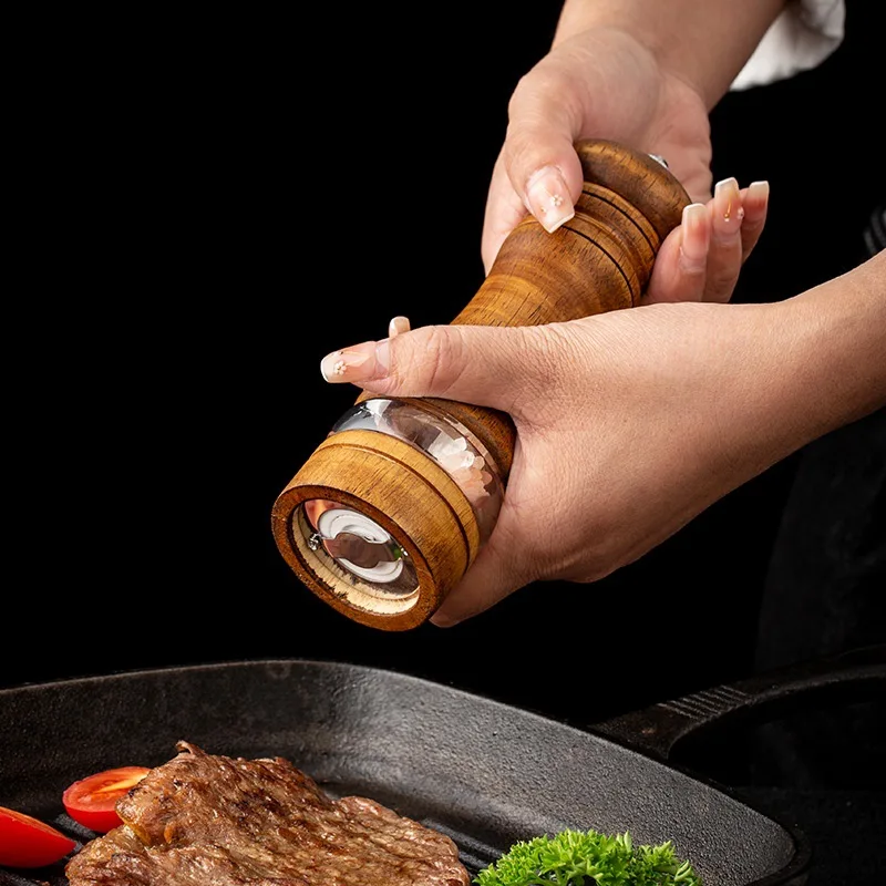 1PC Manual pepper grinder; Acrylic and rubber wood ceramic core freshly ground pepper powder seasoning grinder bottle