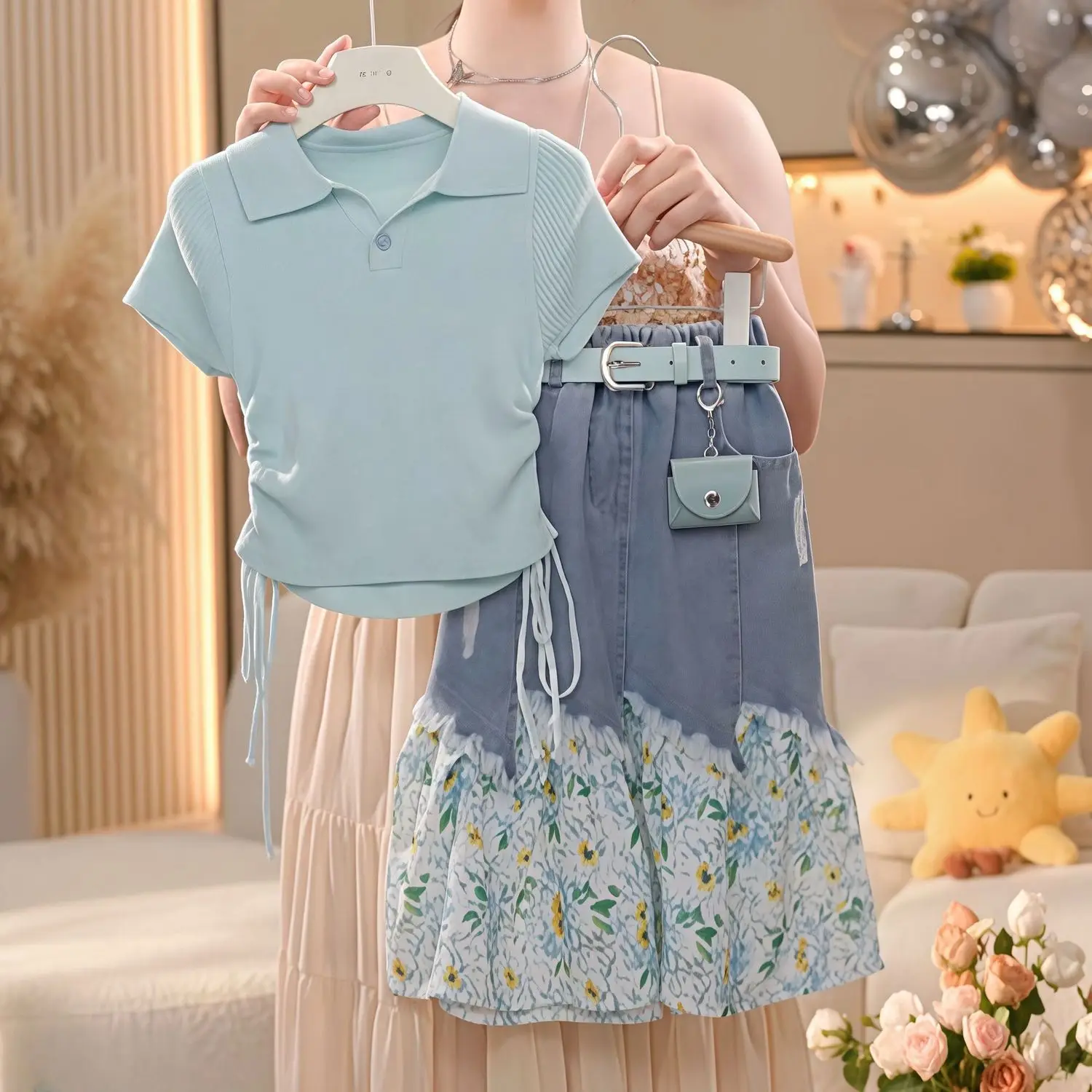 

Girls Floral Denim Patchwork Skirt Summer 2026 New Sweet and Versatile Lace Princess Skirt Vacation Two Piece Set