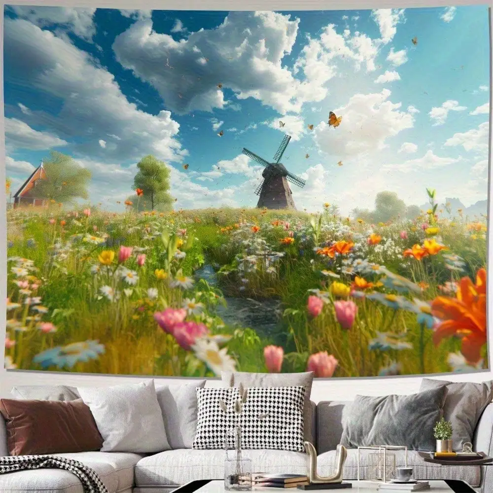 1pc Windmill Tapestry Flower Meadow Landscape Wall Hanging for Living Room Bedroom Decor Back-to-school season Autumn gifts